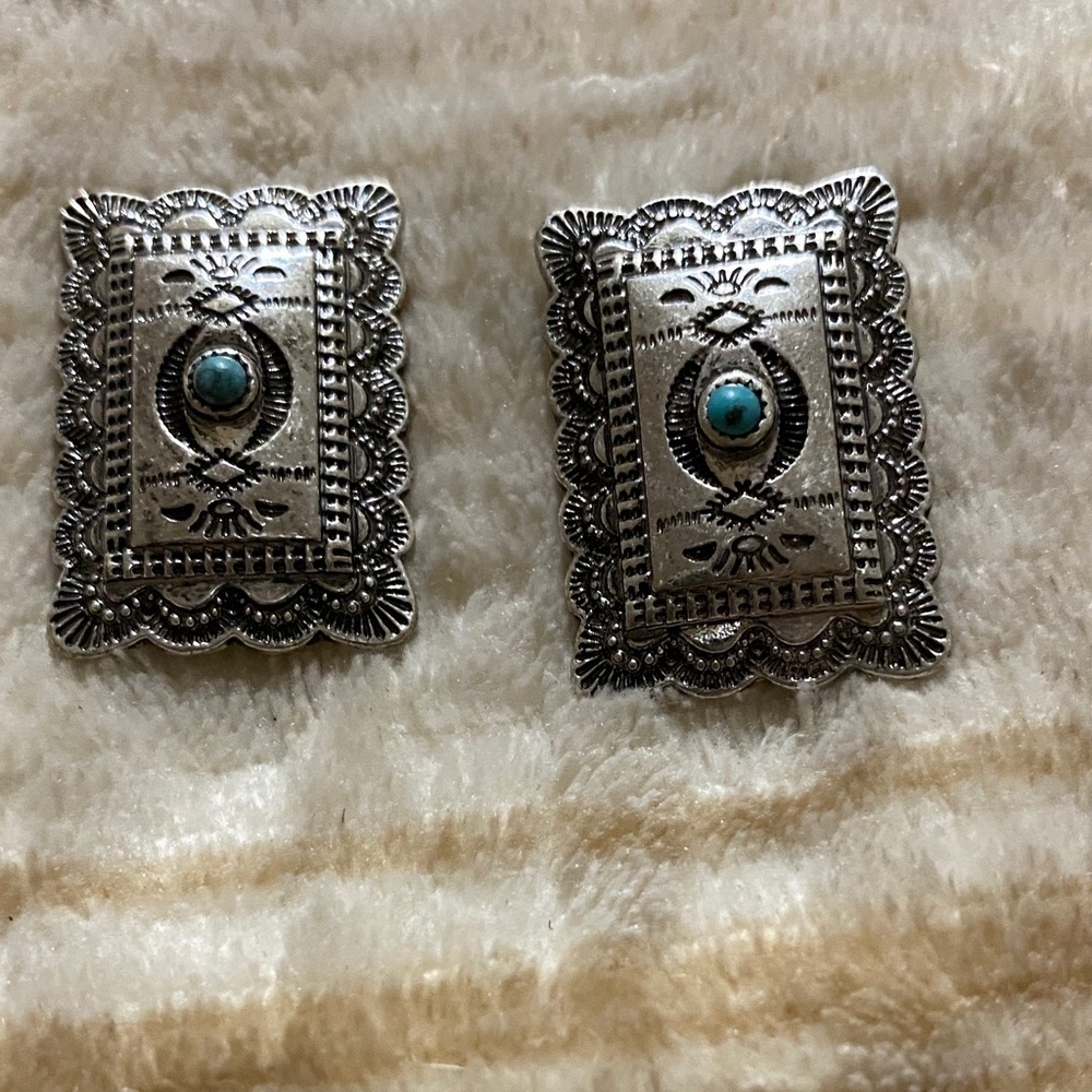 Stamped Rectangular Silver Earrings with Turquoise Accents
